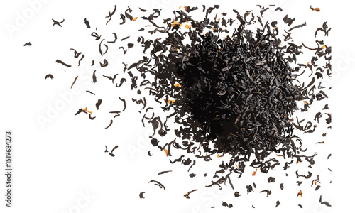 Dry black tea isolated on white, top view, vector illustration, loose leaf tea, organic herbal tea, tea pile closeup, black tea leaves, natural beverage, tea texture, healthy drink.
