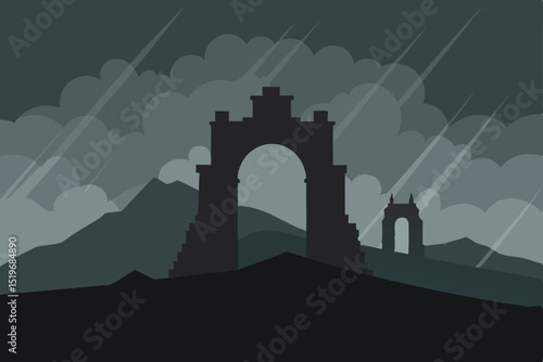 Urban black silhouette castle and city skyline with a fiery orange sunset sky and dark abstract clouds
