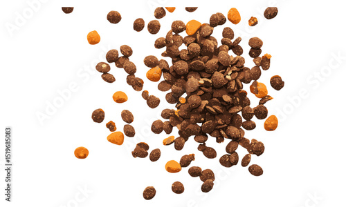 Top view of dry cat food pile, isolated on white background, vector illustration, healthy pet food, dry kibble, cat snack, pet nutrition, natural food for cats, pet care, animal diet.