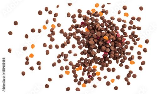 Top view of dry dog food isolated on white background, vector illustration, dog food, pet nutrition, healthy canine diet, best dog food, dog feeding essentials, pet supplies.