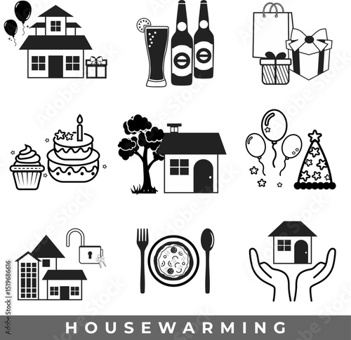 set icon new home, housewarming, apartment party vector black outline