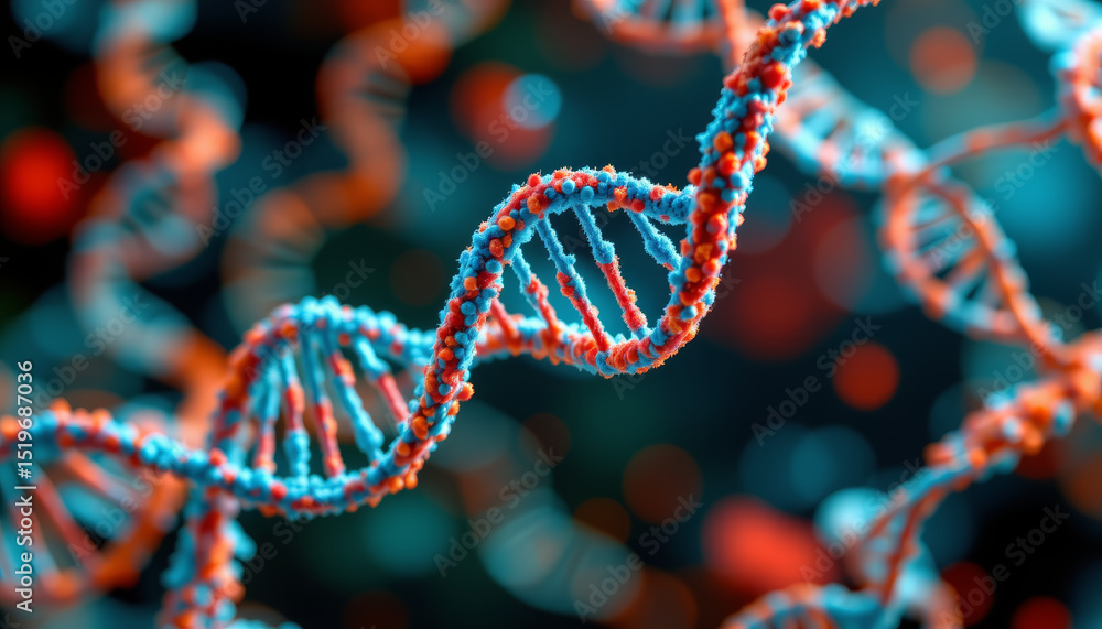 Detailed visualization of DNA double helix structure, showcasing vibrant colors and intricate patterns, evokes sense Detailed visualization of DNA double helix structure, showcasing vibrant colors and intricate patterns, evokes sense