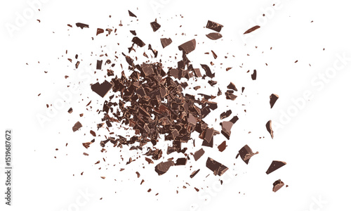 Milled dark chocolate shavings, isolated on white, 70% cocoa, pile of chocolate, top view, vector illustration, chocolate texture, dessert ingredients, food styling, confectionery art.