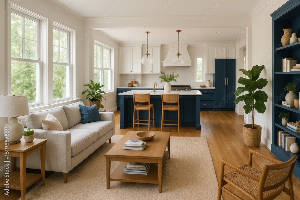 Fototapeta premium An open plan interior features a luxurious living room and white kitchen design