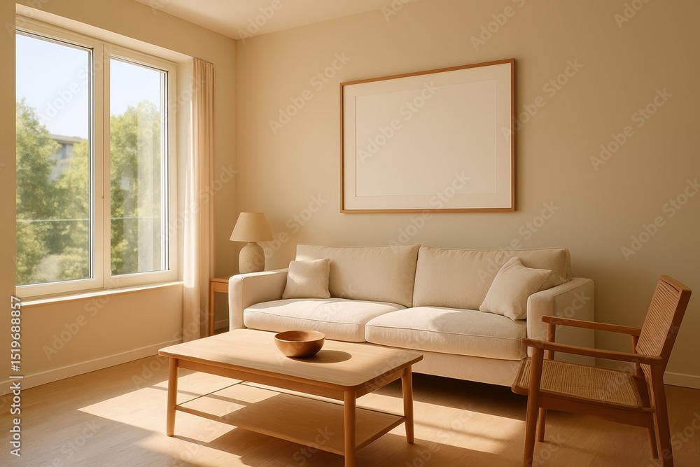 Fototapeta premium A Japandi living room interior is characterized by a cozy beige couch and modern minimalist design elements in the apartment