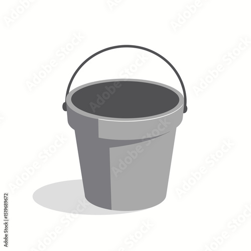 Grey metal bucket with a handle. Simple bucket for carrying liquids or materials. This empty bucket is perfect for construction imagery and website design.