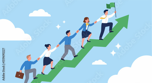 businesspeople climbing an upward green arrow, holding hands in a chain as one plants a flag at the top, symbolizing teamwork, leadership, and collective progress