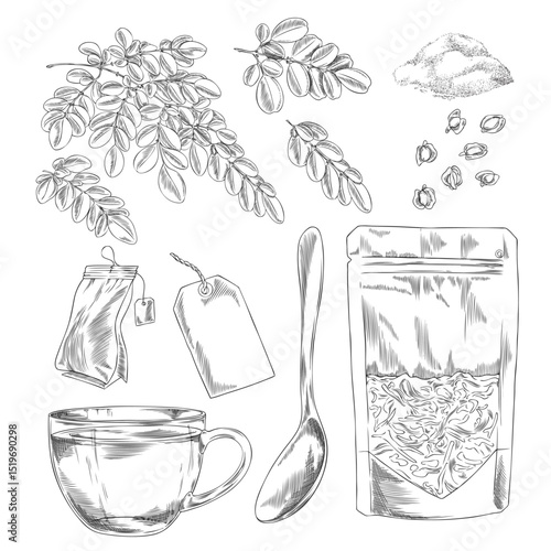 Moringa oleifera products engraved hand drawn vector set, leaves, seeds and powder, Asian superfood in package, tea bag