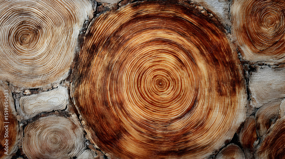 Obraz premium Aesthetic cross section of tree trunks showcasing natural patterns and texture harmony in woodland logs