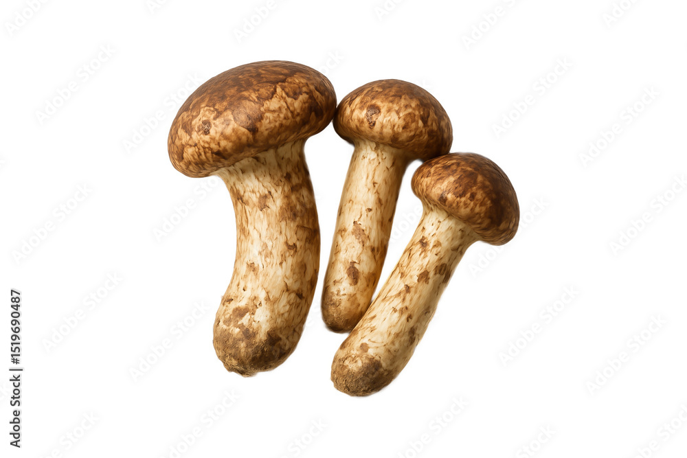 Fototapeta premium Fresh Matsutake mushrooms isolated on a transparent background, premium wild gourmet mushrooms known for their rich aroma and earthy flavor, perfect for Asian cuisine, organic cooking