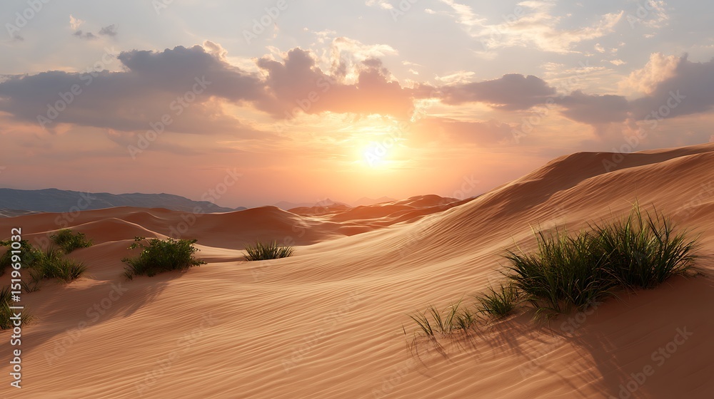 Stunning Sunset Over Endless Desert Dunes with Gentle Breeze and Lush Greenery in a Peaceful Landscape Stunning Sunset Over Endless Desert Dunes with Gentle Breeze and Lush Greenery in a Peaceful Landscape
