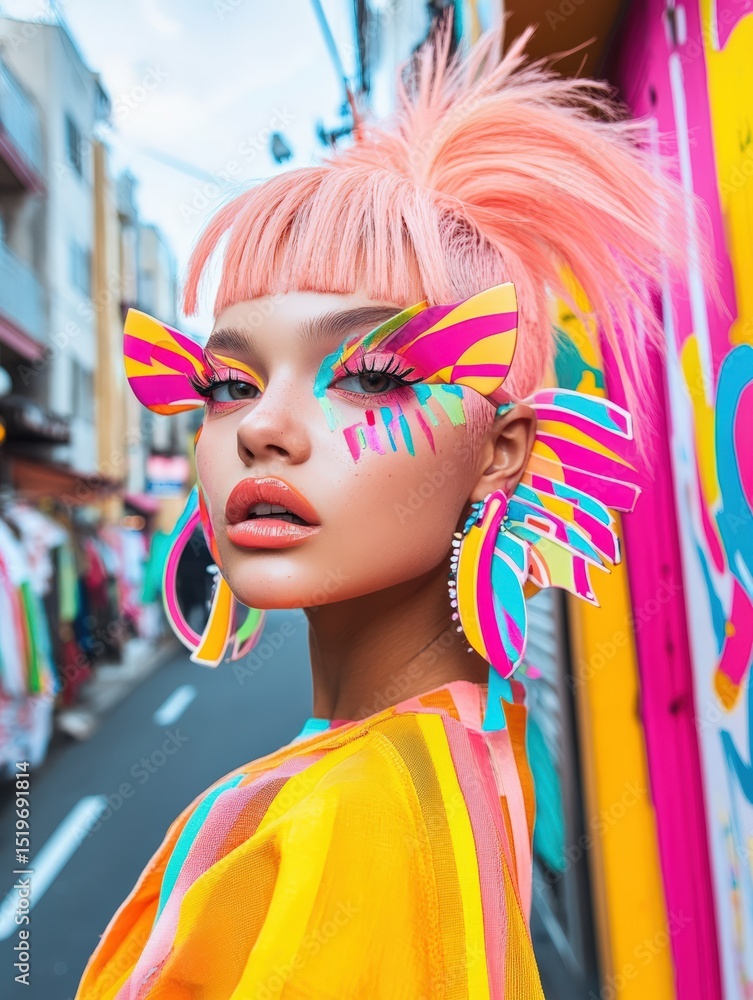 Obraz premium Neon summer makeup for festival season — bright abstract eye look, glossy skin, and colorful hair clips