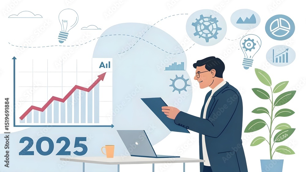 Businessman Analyzing Growth Chart and Data for Future Planning in 2025 Businessman Analyzing Growth Chart and Data for Future Planning in 2025