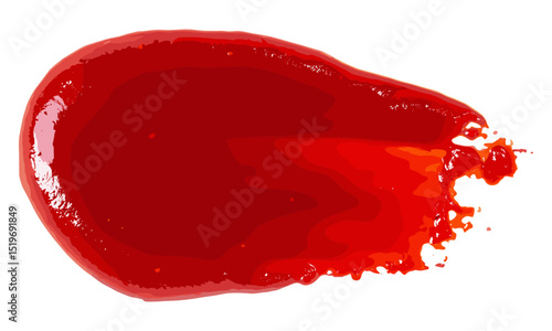 Red ketchup spilled on white background, tomato puree texture, vector illustration, sauce spill, food stain, kitchen splash, fresh tomatoes, culinary art, cooking background.