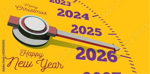 Congratulations on the New Year 2026 on the background of the speedometer counter. Vector illustration