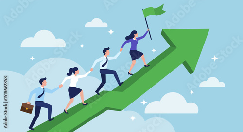 businesspeople climbing an upward green arrow, holding hands in a chain as one plants a flag at the top, symbolizing teamwork, leadership, and collective progress