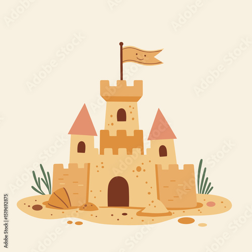 Cheerful sandcastle with a smiling flag on a sunny beach, surrounded by greenery