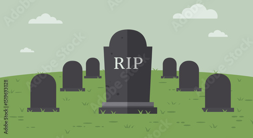 A serene graveyard scene with tombstones on a grassy hill under a cloudy sky