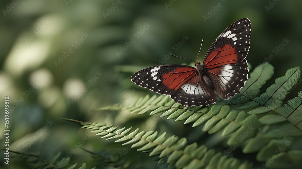 Fototapeta premium Colorful Monarch Butterfly Resting on Green Fern Leaves in a Tranquil Natural Setting, Macro Photography