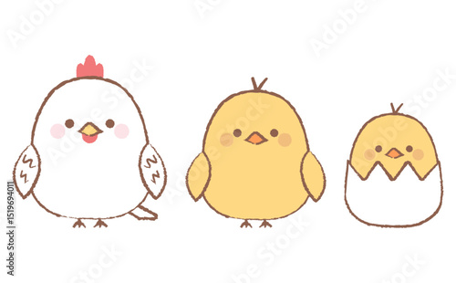 かわいいニワトリとヒヨコの手描き風イラストセット