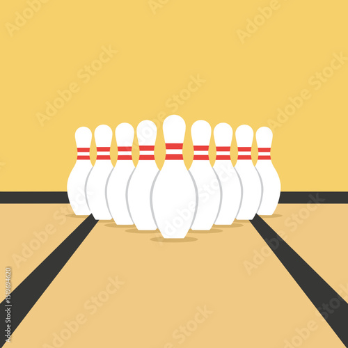 A vibrant bowling scene featuring a set of pins ready for action on a polished lane