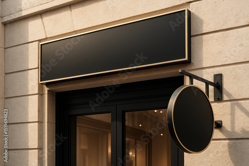 Black sign with a gold border hangs on a building
