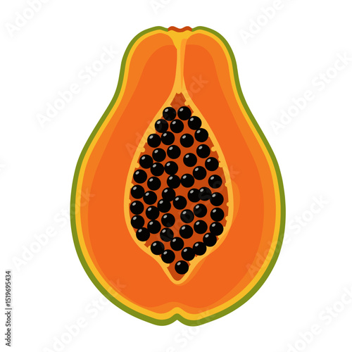 Close-up illustration of a halved papaya showcasing its vibrant orange flesh and black seeds