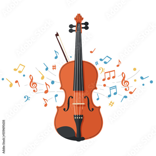 Vibrant violin illustration with musical notes, symbolizing creativity and harmony