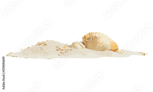 Side view of sea shell in sand pile, vector illustration, beach sand, ocean shell, coastal decor, seaside art, nature elements, summer vibe, sea life, travel inspiration.