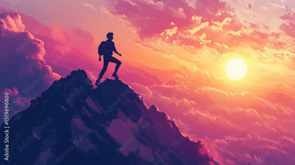 Fototapeta premium A person stands triumphantly on a mountain peak during a colorful sunset.
