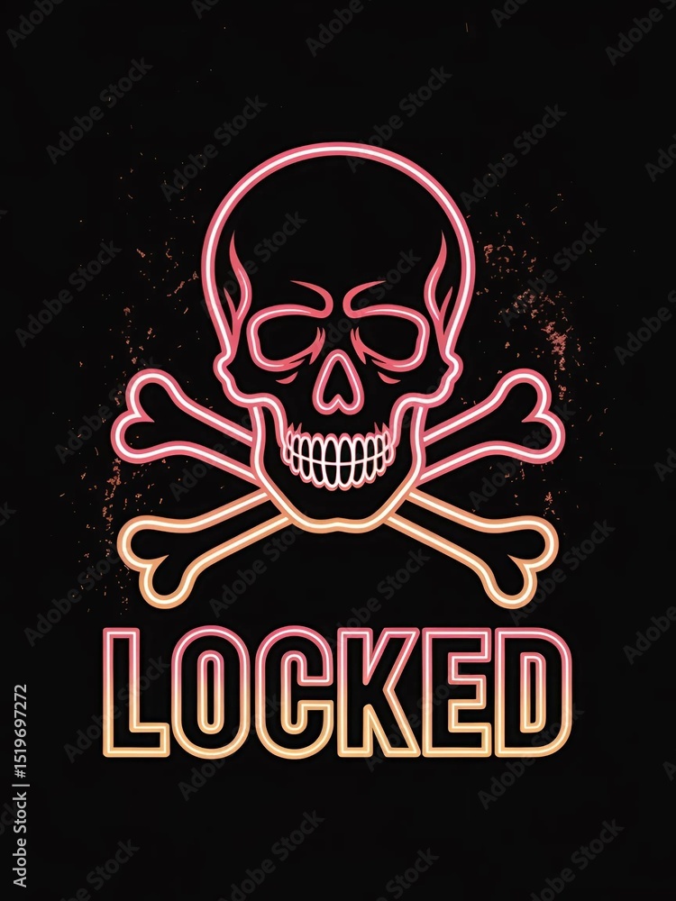 Vector illustration of a skull and crossbones with the word locked in a trendy neon style against a black background Vector illustration of a skull and crossbones with the word locked in a trendy neon style against a black background