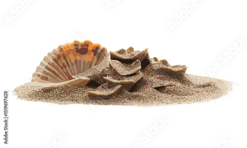 Sea shell in sand pile isolated on white, side view, vector illustration, beach sand texture, summer nature, coastal decor, seashell, vacation, ocean waves, sea life, marine art.