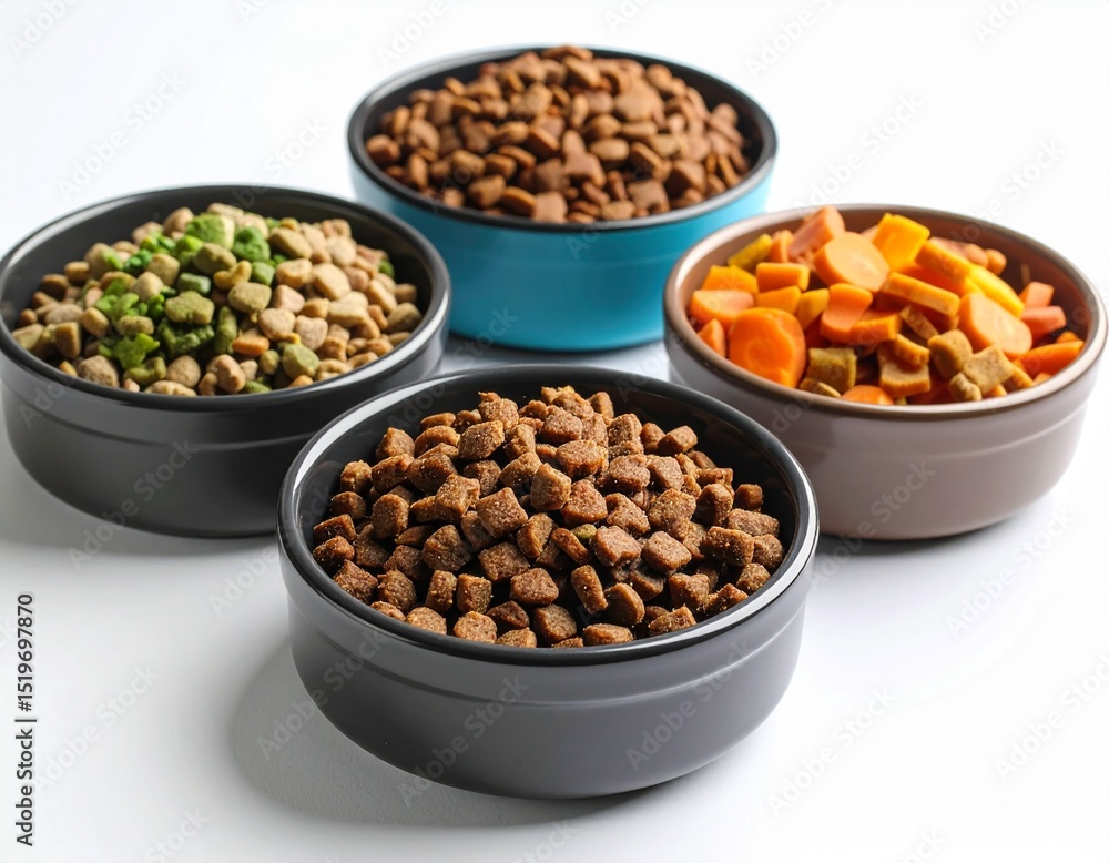 Pet food bowls with nutritious kibble, animal nutrition, pet care essentials, healthy pet feeding Pet food bowls with nutritious kibble, animal nutrition, pet care essentials, healthy pet feeding