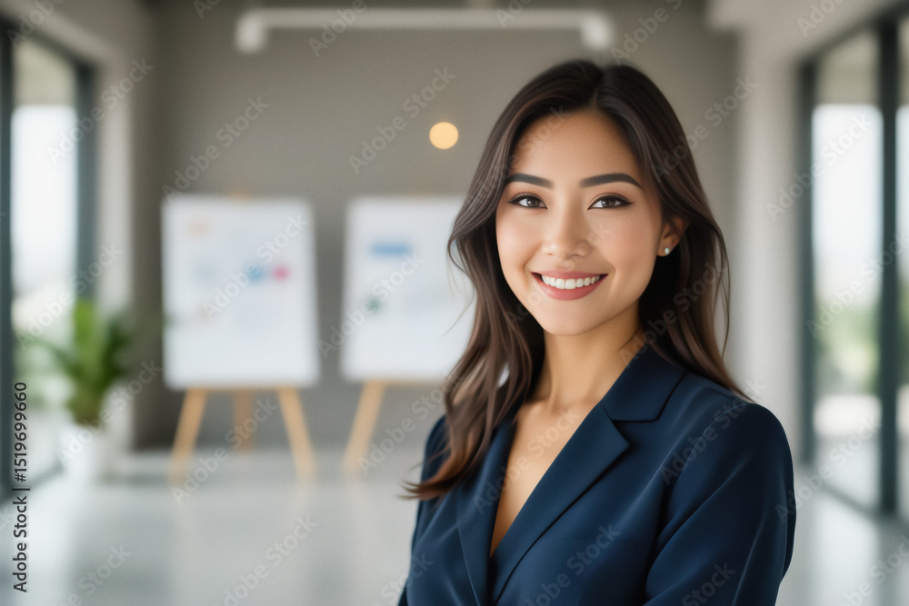 A smiling Asian woman in a dark blazer looks directly at the camera in a modern office setting. A smiling Asian woman in a dark blazer looks directly at the camera in a modern office setting.