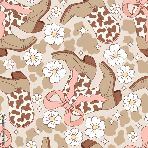 Coquette Wild West Cowgirl Rodeo outfit boots decorated with a bow on a cow printed background Seamless Pattern. Feminine Western Style Boho Floral Vector Print for textiles, wallpapers, digital