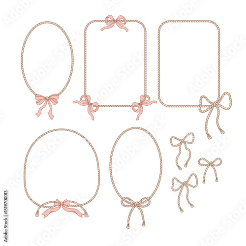 Coquette Cowgirl Lasso Rope frames with bows vector illustration set isolated on white. Feminine Rodeo Western Style print collection for Fabric, Stationery, Kids and Home decor.