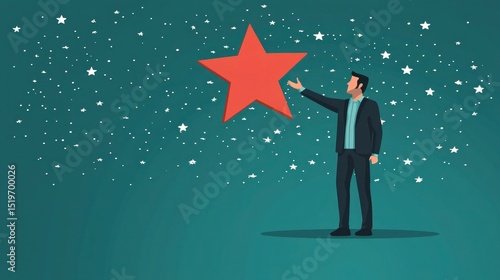 Man Reaching for a Bright Red Star Against a Starry Background