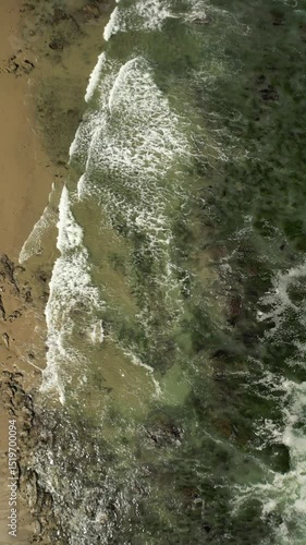 A bird's eye view of the ocean with lots of seaweed, the ocean is stormy, running onto the beach sand and returning back.