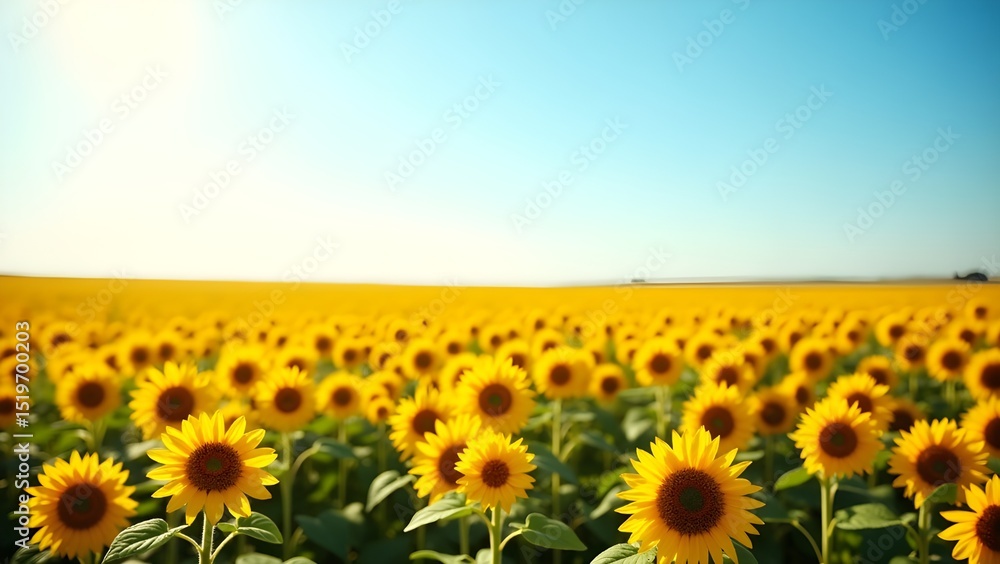 Fototapeta premium A vibrant sunflower field with a clear blue sky and a soft golden glow
