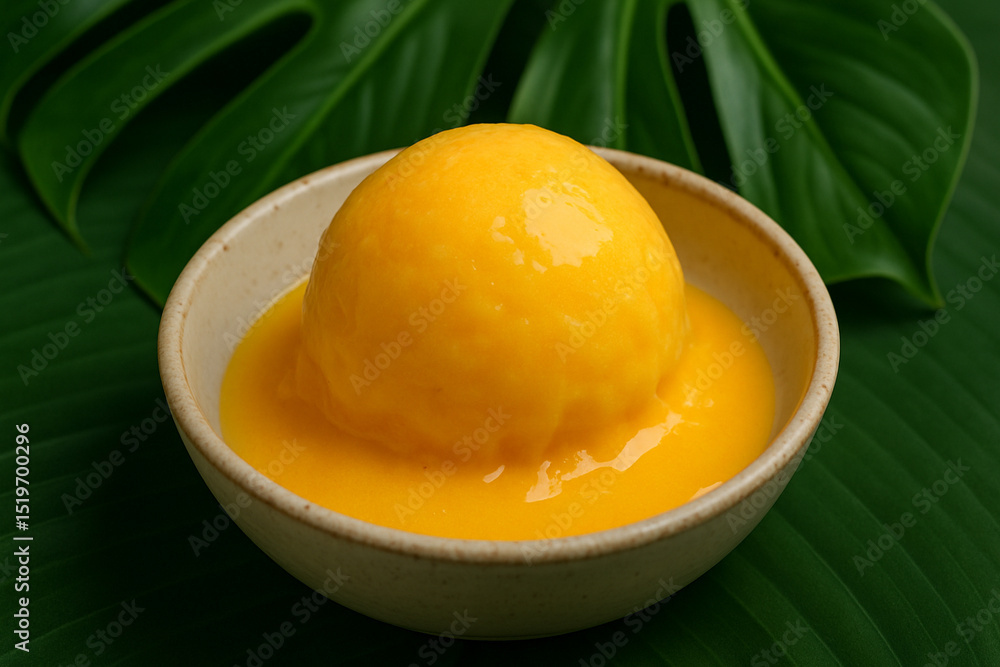 Tropical Mango Sorbet in Bowl on Lush Leaf Background in Natural Light
Tropical Mango Sorbet in Bowl on Lush Leaf Background in Natural Light