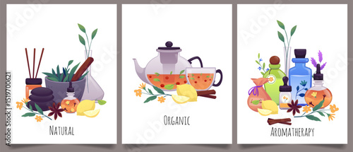 Natural perfumery or aromatherapy organic products vector flat poster set, flask with herbal mixture, teapot with flower