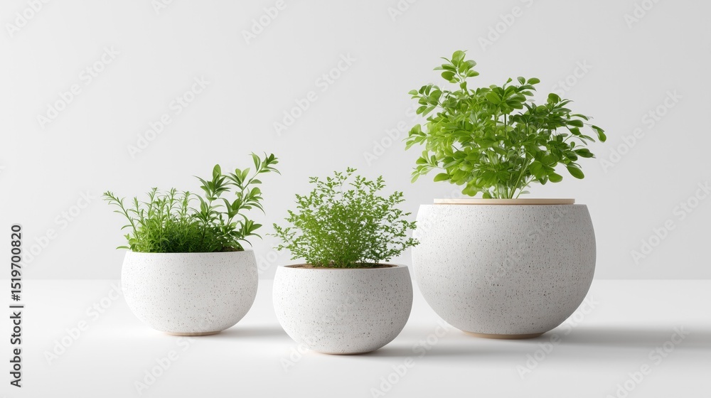Fototapeta premium Three ceramic pots with lush green plants, minimalist and natural aesthetic