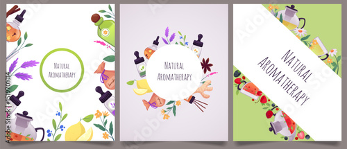 Natural aromatherapy products vector posters set, teapot with flowers, flask with herbal mixture, spices, fruits berries