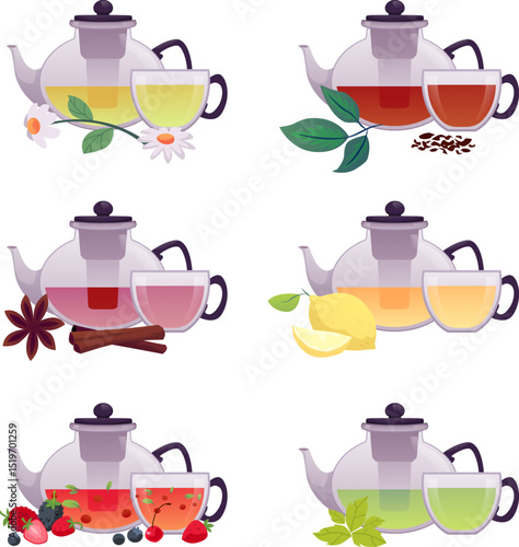 Vector set of glass teapots and cups with different teas, aromatherapy.