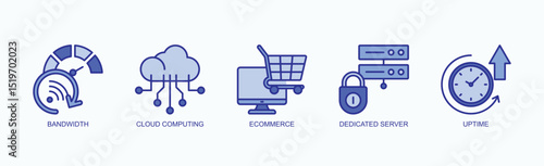 Key Elements Of Modern Web Infrastructure And Services Icon Set Vector Illustration Concept With Icon Of Bandwidth, Cloud Computing, Ecommerce, Dedicated Server, Uptime In Blue Style