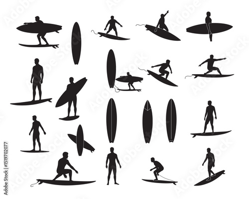 Dynamic Surfer Silhouettes and Surfboard Vectors