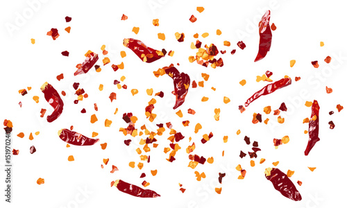 Red chili pepper flakes flying, chopped, milled dry paprika isolated on white background, vector illustration, spicy seasonings, chili powder, culinary spice, kitchen essentials.