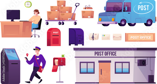 Post office concept vector flat illustrations set, cart with boxes, mailbox and parcel, postman, truck, delivery service