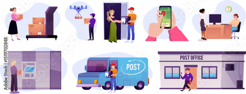 Post office scenes vector set, delivery and logistic services, people, postman and courier with box packages, parcels