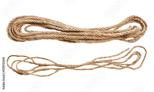 Rope set isolated on white background, top view, vector illustration, strong rope, cord, twine, string bundle, textile, knot, accessory, DIY projects, craft, knotting technique.